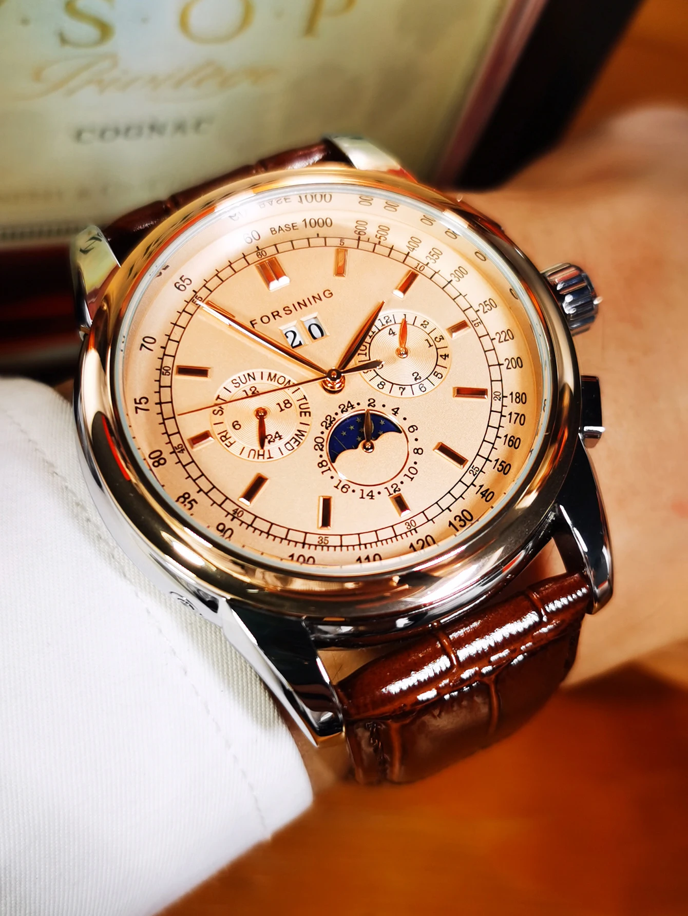 Forsining Retro Mechancial Watches Moon Phase Shanghai Movement Rose Gold Case Brown Leather Strap Luxury Automatic Mens Watch