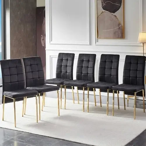 Black Dining Chairs Upholstered Set of 6, Modern Kitchen Reception Chairs Tufted Elegant Velvet High-Back Restaurant