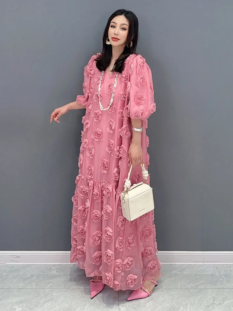 Elegant Fashion Rose Blossom Bubble V-neck Dress Elegan Chic Short Sleeve Robe Women's Long Dresses 2025 New Clothing