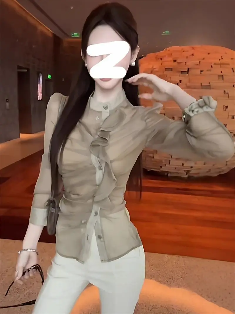 

French Retro Ruffled Long-sleeved Shirt for Women 2025 Autumn Temperament Thin Top
