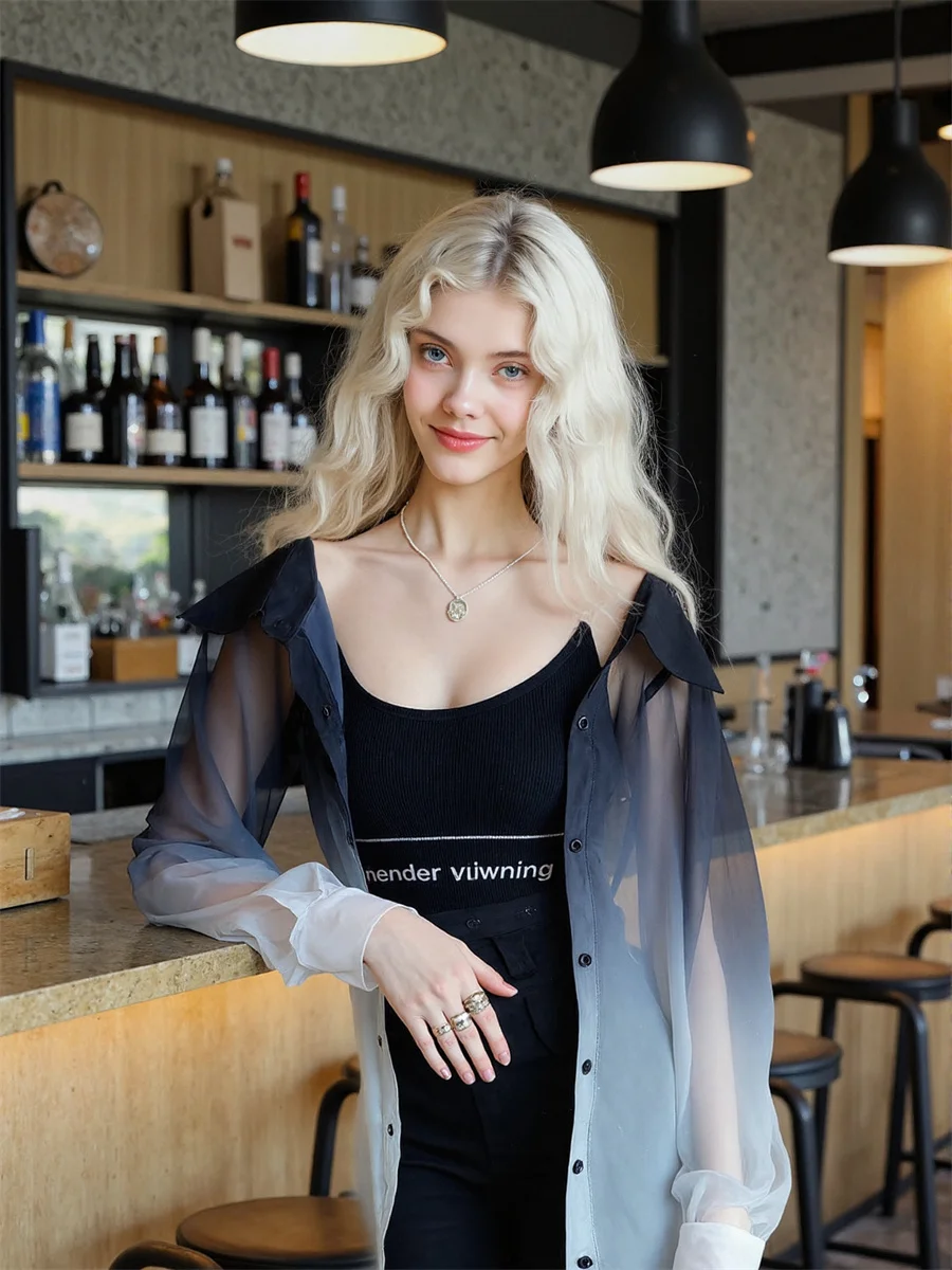 

Gradient See-through Shirts Harajuku Y2K Blouses Elegant Woman Top Summer Ice Youth Sequined Night Splice Bohemiam Star Painting