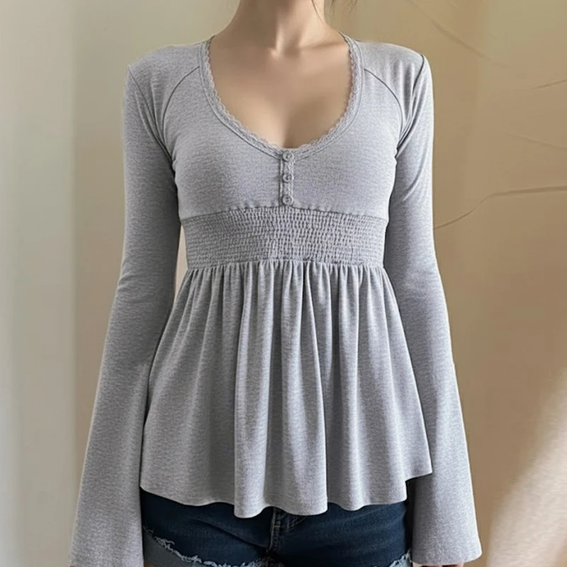

Basic Lace Trim A-Line T-Shirt Casual Solid V-Neck Long Flare Sleeve Tees Women 2025 Autumn Spring Fashion Streetwear Ladies