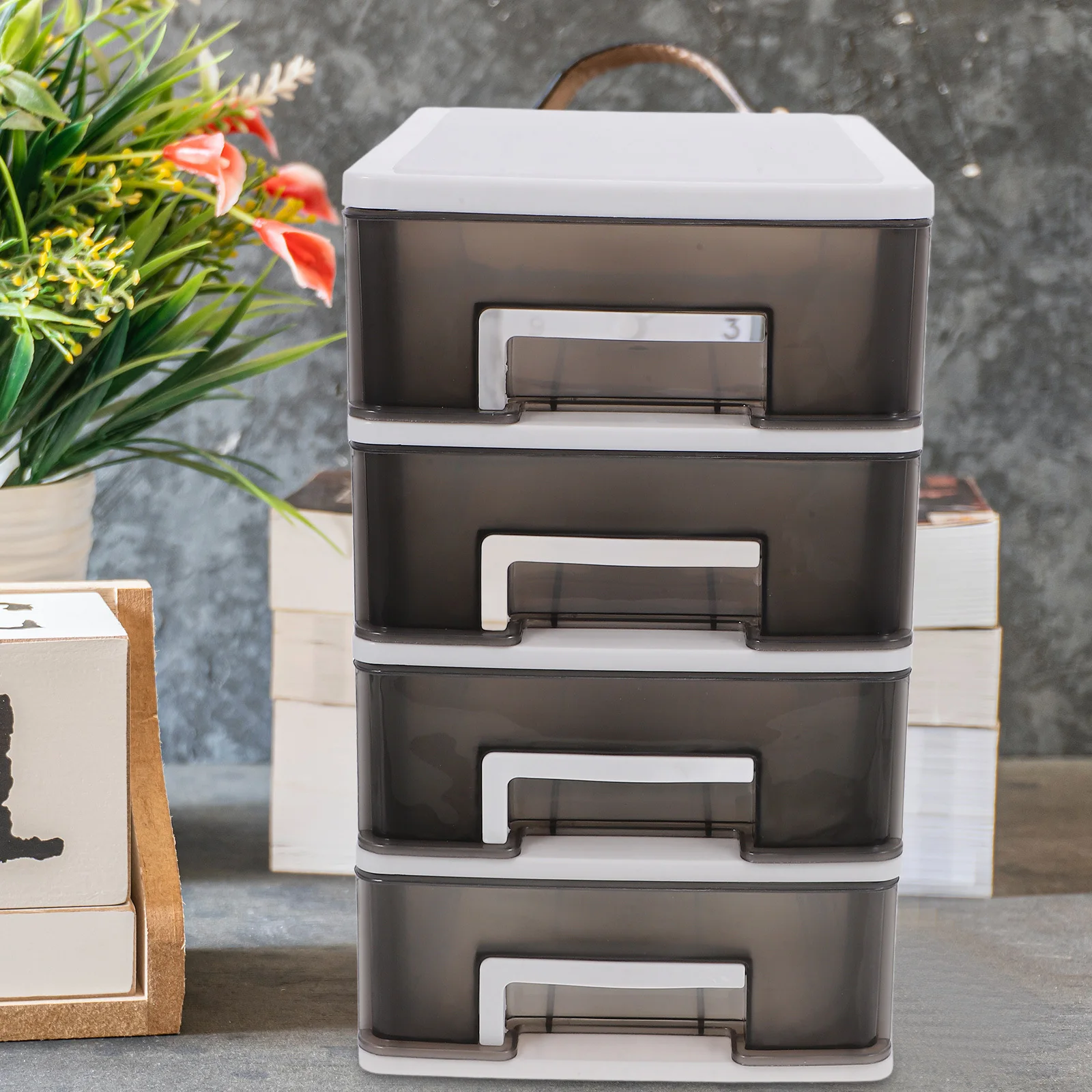 خزانة تخزين مكتبية مكونة من أربع طبقات من نوع درج بلاستيكي، صندوق تخزين محمول مقاوم للغبار، منظم أثاث بإطار أبيض