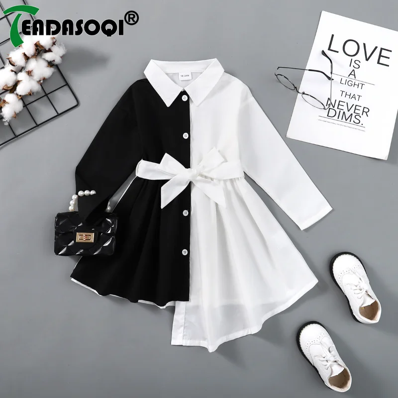 

1-6Y Summer Kids Girl Lapel Shirt Dress Splicing Colors Long-sleeve Single-breasted Irregular Dresses With Belt Children Clothes