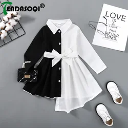 1-6Y Summer Kids Girl Lapel Shirt Dress Splicing Colors Long-sleeve Single-breasted Irregular Dresses With Belt Children Clothes