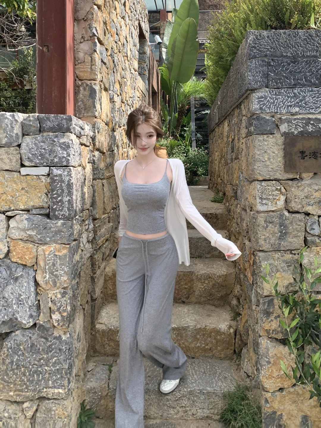 Gray Strap Casual Pants Two-Piece Set Summer Collection Trendy Complete Unique Beautiful Cotton Anti-Wrinkle High Waist T-Shirt
