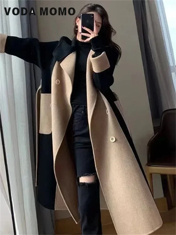 

Elegant Keep Warm Pockets Thermal Cardigan Womens Outwear Double-breasted Women Overcoat Turn-down Collar Advanced feeling Daily