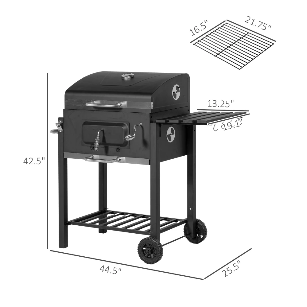 Outsunny Charcoal BBQ Grill หม้อหุงข้าวแบบพกพากลางแจ้งสําหรับ Camping Backyard ปิกนิกพร้อมโต๊ะด้านข้างด้านล่างชั้นวางของล้อ