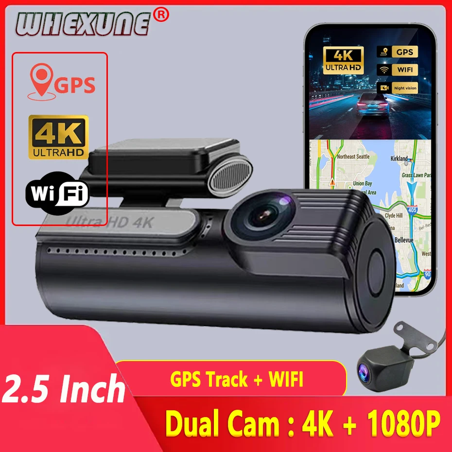 4K WiFi Dash Cam Camera for Car Front and Rear Dual Lens DVR Auto Dashcam GPS Tracker Video Recorder Support 24H Parking Monitor