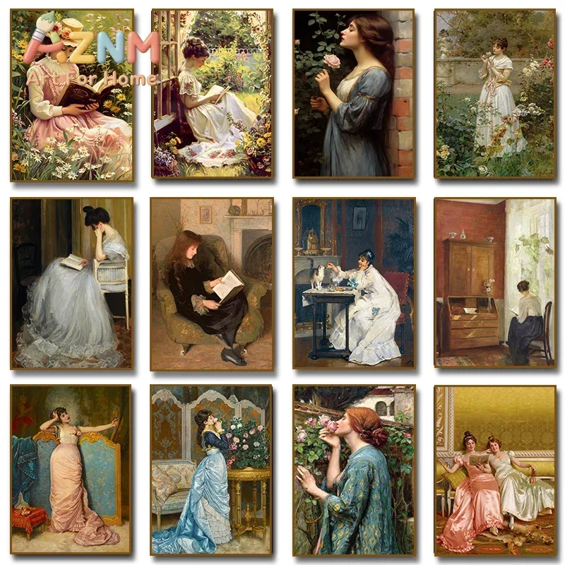 2026 Vintage Woman Reading Smelling Roses Portrait Canvas Painting Print Wall Art Picture for Living Room Home Decor Cuadros