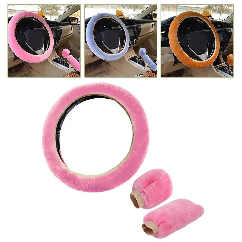 Car Steering Wheel Cover Gearshift Handbrake Cover Warm Super Soft Protector Collar Thick Man Decoration Plush Women Pink B V5Z3