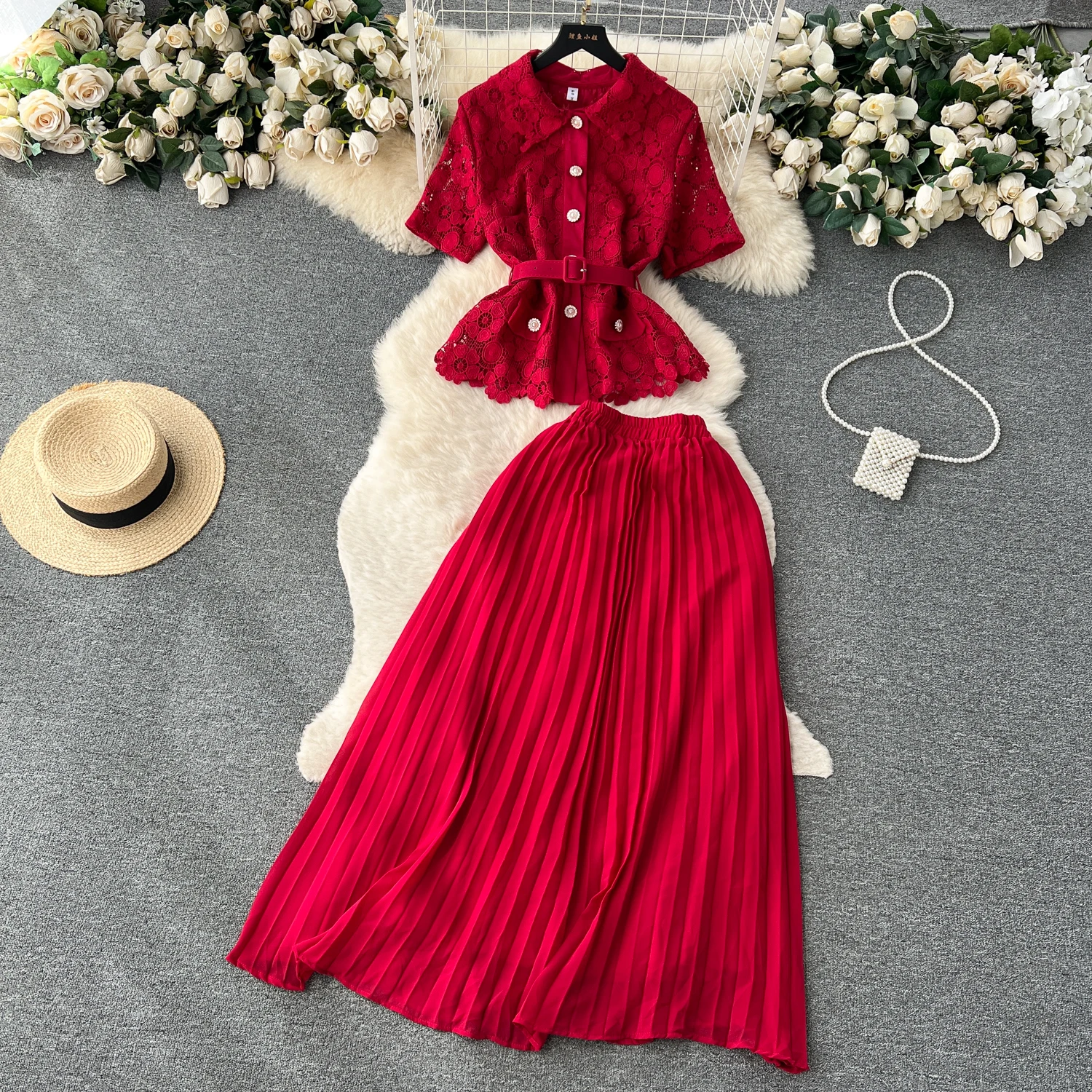 Women Chic French Two Pieces Sets Lapel Short Sleeve Shirt Elegant High Waitst A-line Pleated Skirt Chiffon Fashion  Summer Sets