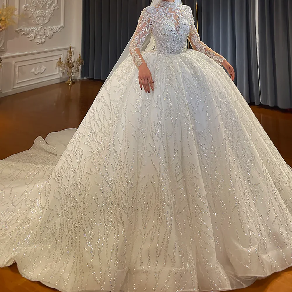 

Luxury High Collar Beading Sequined Full Sleeve Ball Gown Bride Wedding Dresses Bridal Gowns Customized