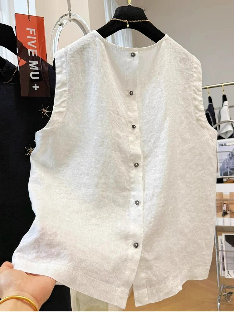 توب نسائي صيفي أنيق بدون أكمام مزين بتصميم عتيق، برقبة مستديرة، رقيق وعصري، مريح وقابل للتنفس