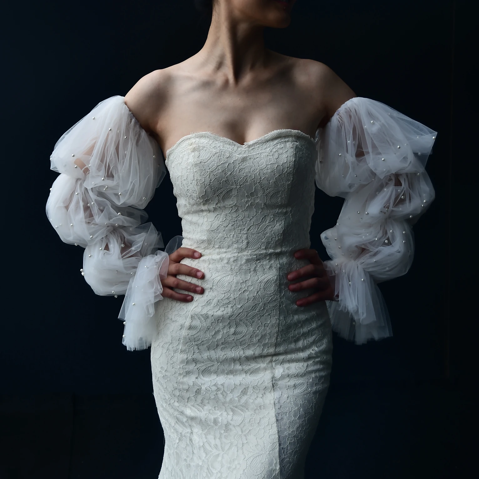 حجاب الزفاف بأكمام منتفخة قفازات زفاف مرصعة باللؤلؤ أبيض عاجي إكسسوارات الزفاف مناسبة لاستقبال الزفاف GM28 #1