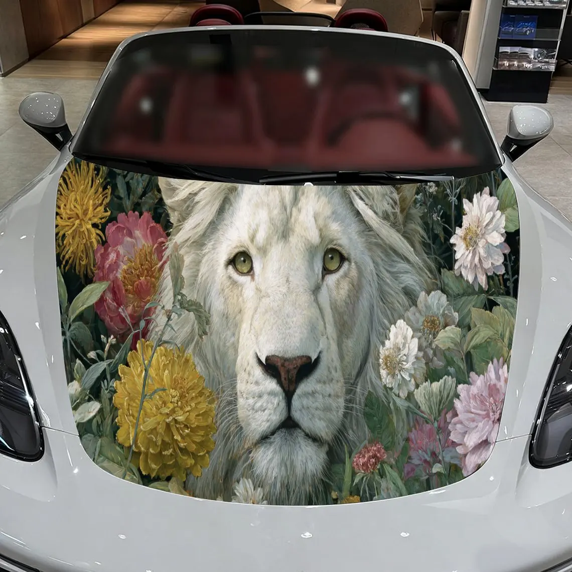 

Lively Floral White Lion Car Hood Stickers - Self-Adhesive, Waterproof and Durable Vinyl Wrap, Decorate And Protect Your Car - T