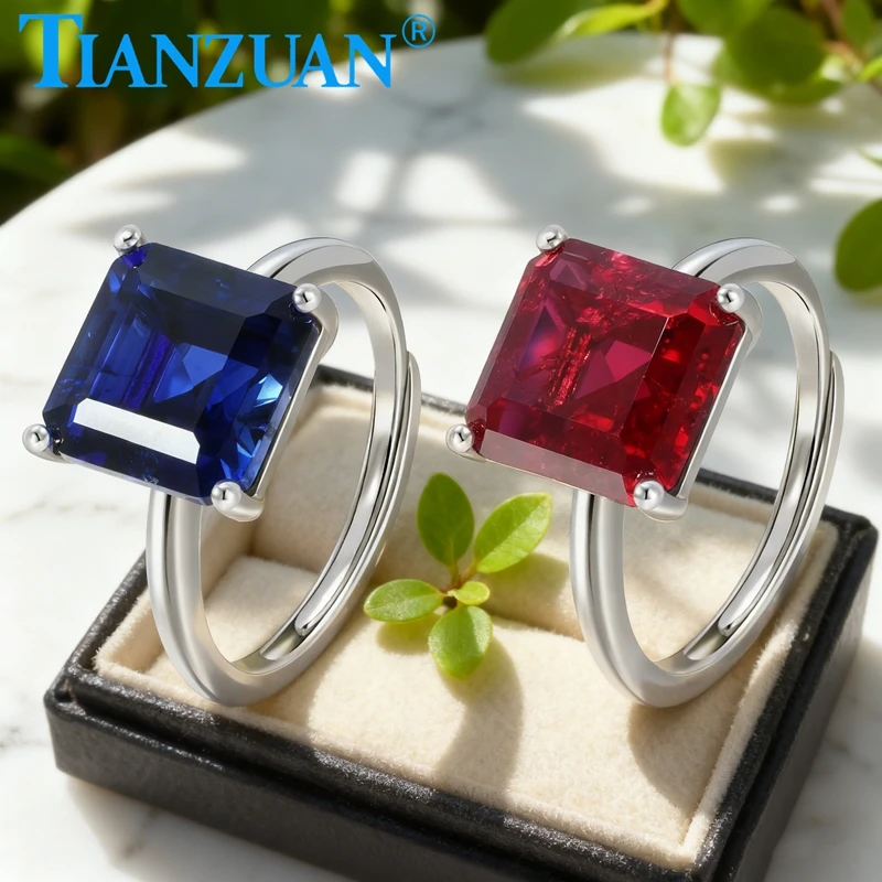 

10mm Elegant Women Ring Lab Grown Ruby and Sapphire Ring Adjustable 925 Sterling Silver Ring Party Anniversary Jewelry