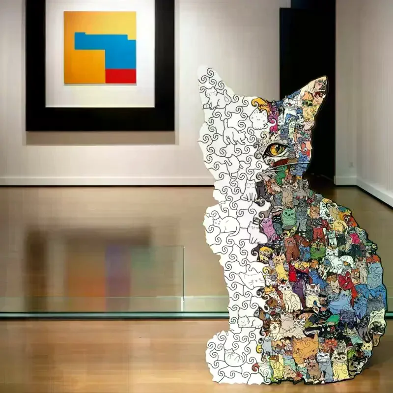 Unikalne drewniane puzzle w kształcie kota, 194 elementy, idealna gra i prezent dekoracyjny dla miłośników kotów, zawiera skarbonkę.