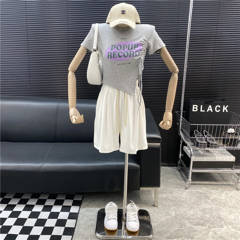 New 2022 fashion Designer new style Famous brand Letter Short T-shirt side Drawstring Tight fitting Forked Exposed navel Top