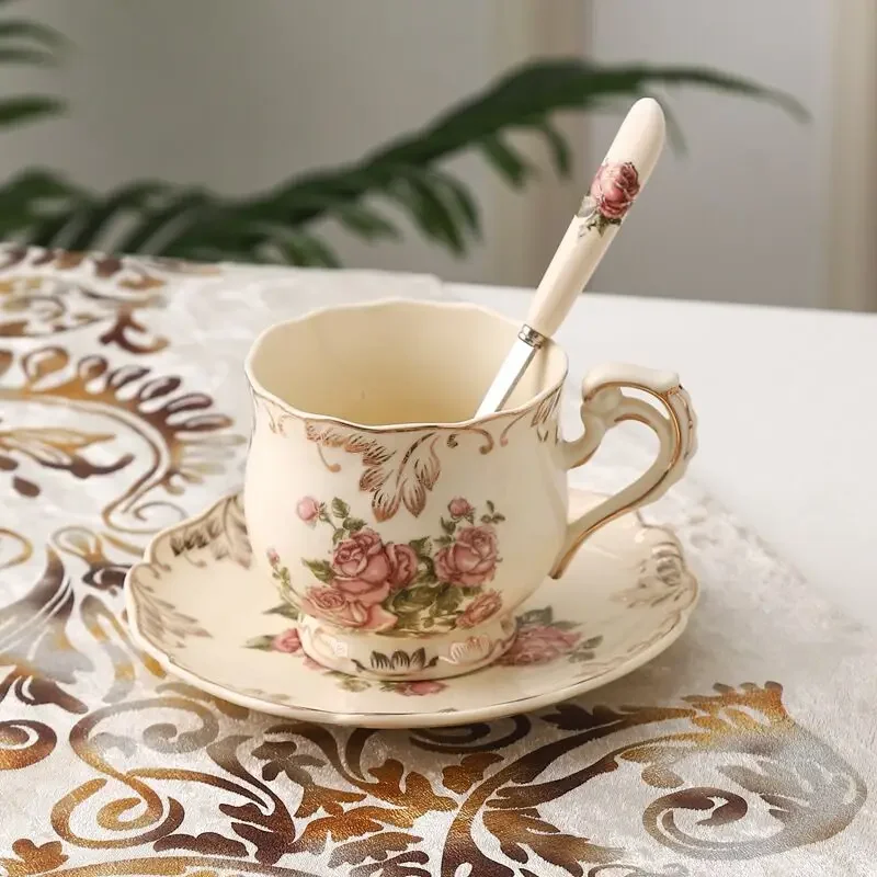 Ivory Porcelain Tea Cups and Saucers, Rose Teacups with Spoon, Coffee Mug, Vintage Floral China Tea Cups 250ml for Tea Party