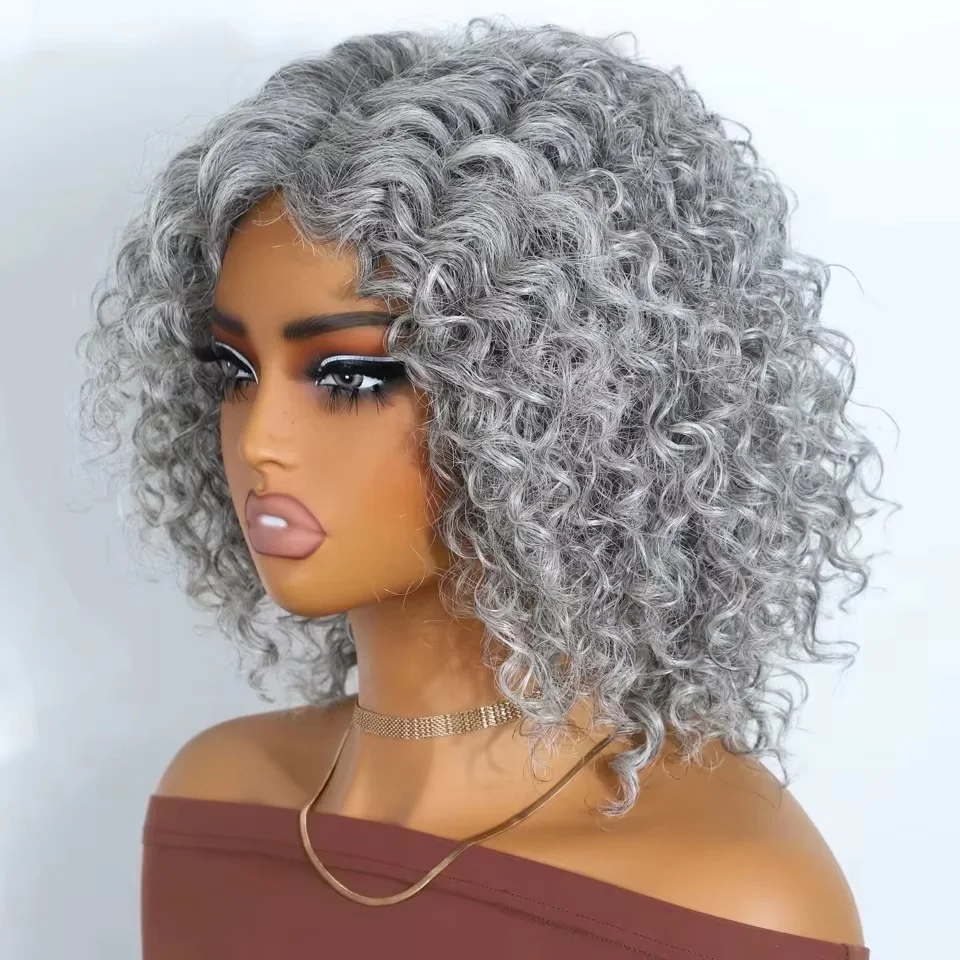 Parrucche per capelli umani ricci caschetto corto grigio argento Parrucca trasparente per sale e pepe con onde profonde Parrucche in pizzo HD Capelli umani Remy brasiliani al 100%