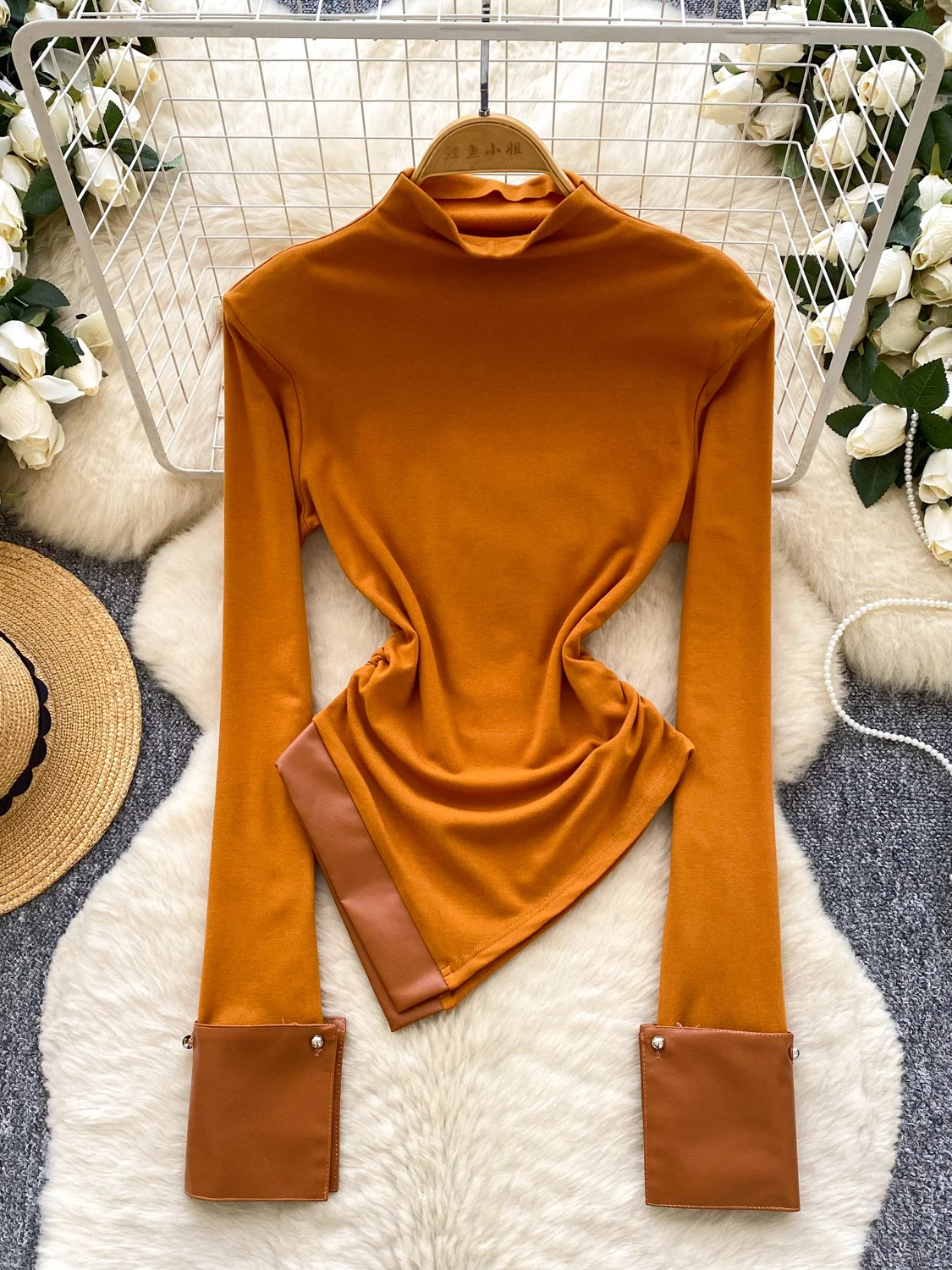 

Women Orange Turtleneck T-shirt Aesthetic Y2k Gyaru Leather Patchwork Tee Top Vintage Long Sleeve T-shirts 2000s Clothes Spring