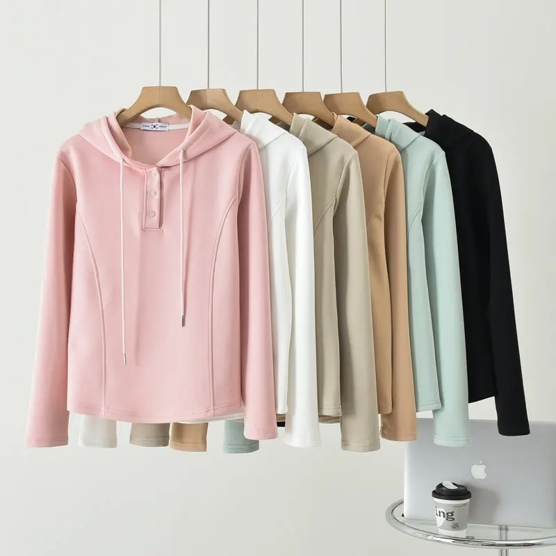 Loose Hoodies buttons Pullovers Plus size Casual hooded Sweatshirts Women Spring Autumn clothing Streetwear Coat