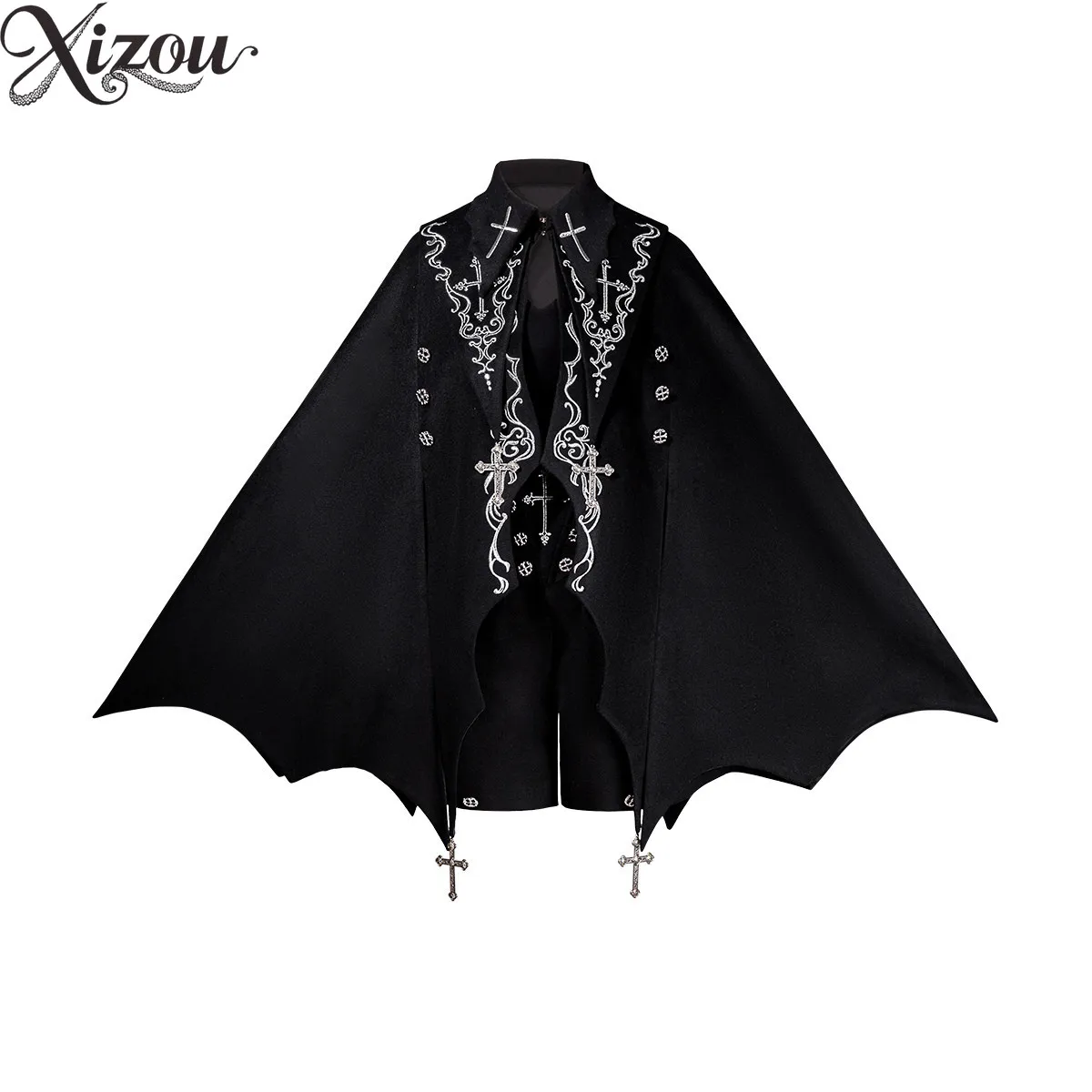 Gotischer Dunkler Prinz Anzug Lolita Umhang 3-teiliges Set Kreuz Fledermaus Cape Top Shorts Outfit 2026 Frühling Herbst Knöpfe Stickerei Kreuz
