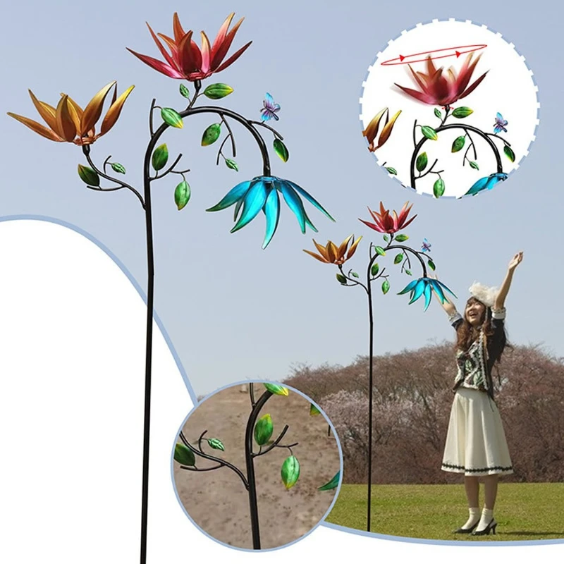 Large Seven Colors Metal Wind Spinner with Three Spinning Flowers Butterflies Windmill Decor Outdoor Yard Garden Art Decoration