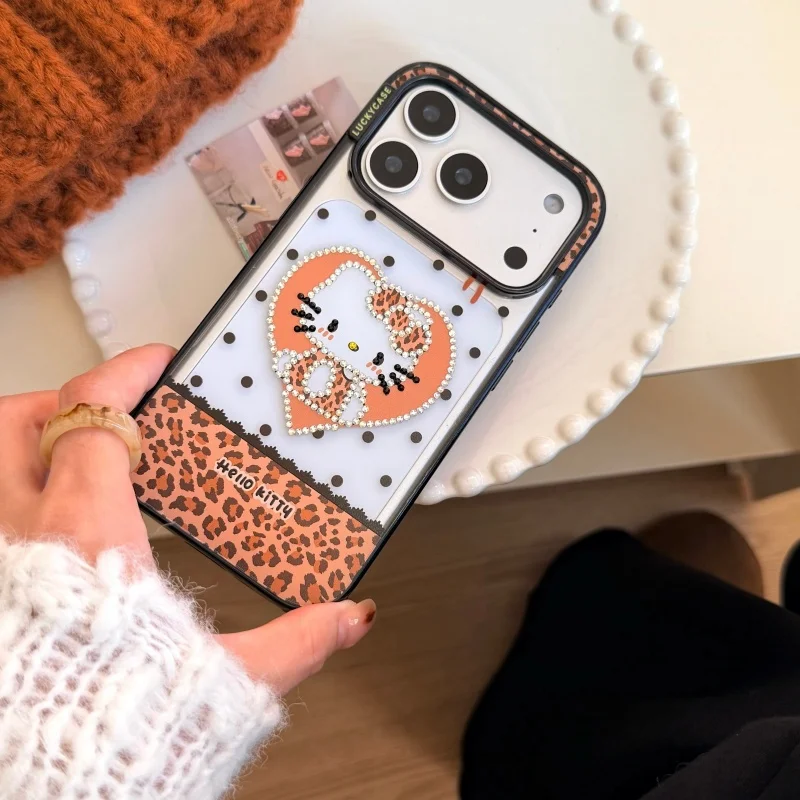 

Luxury leopard print Polka Dots Cute Cartoon Hello Kitty Cat Sparkling Phone Case For iPhone 13 14 15 16 17 Pro Max Y2K KT Cover