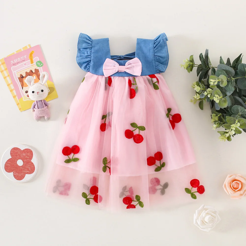 Cute Girl Dress Summer Children\'s Denim Strap Bow Cherry Embroidered Mesh Little Flying Sleeve Princess Dress