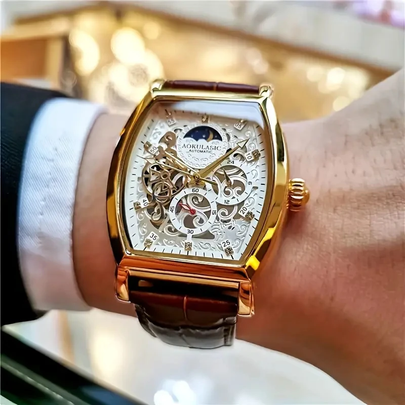 

Elegant Men's Tourbillon Automatic Mechanical Watch - Luxurious Men's Watch, Skeleton Design, Faux Leather Strap, Business Casual Style, Barrel-Shaped Dial - Ideal Gift for Him