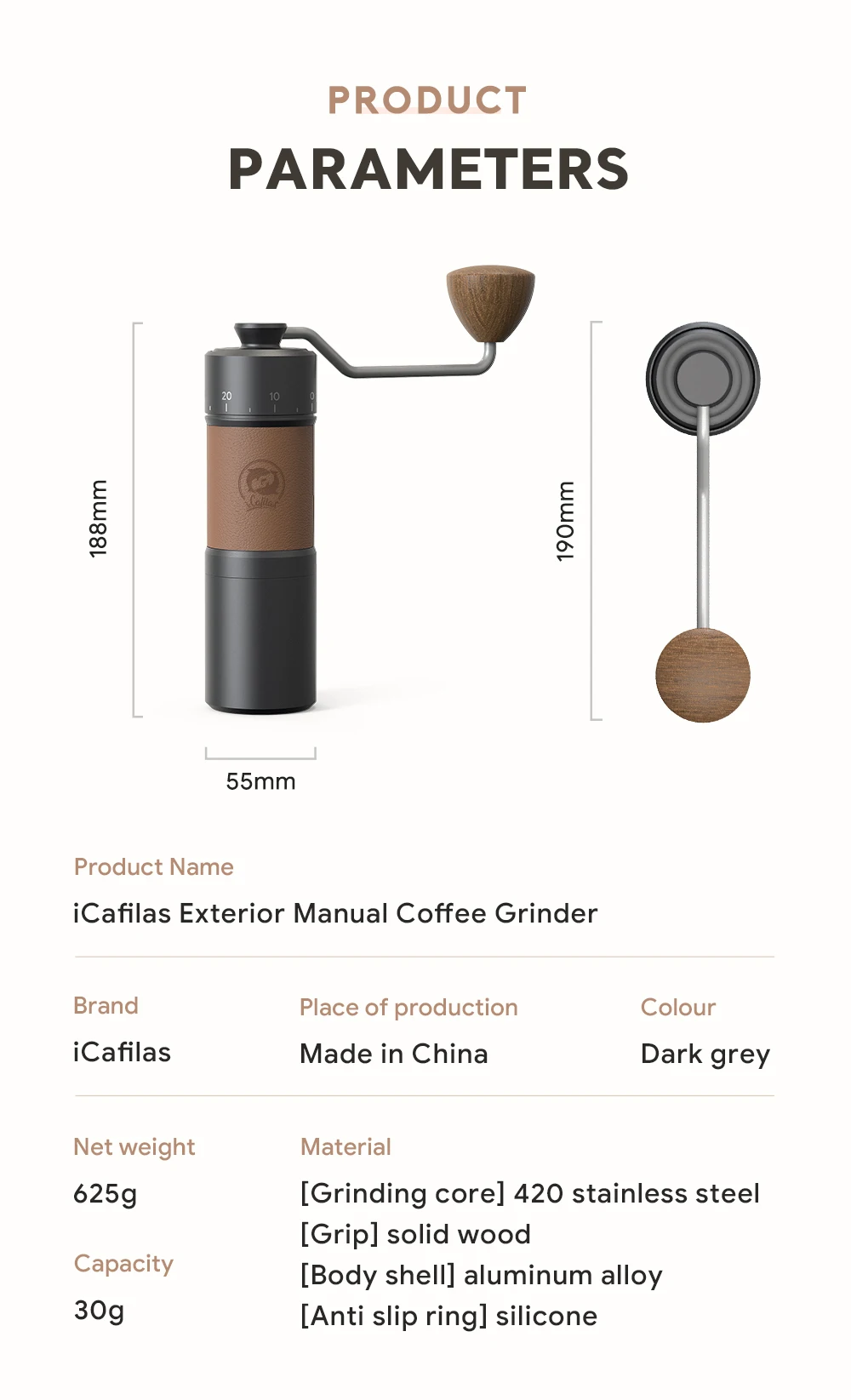 ICAFILAS Store Manual Coffee Grinder Capacity 30g Manual Adjustable Kitchen 7 CORE Steel Core Burr Send Cleaning Brush