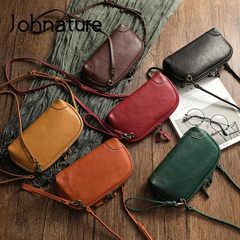 Johnature Simple Genuine Leather Women Small Bag Leisure Natural Soft Cowhide Solid Color Versatile Shoulder & Crossbody Bags