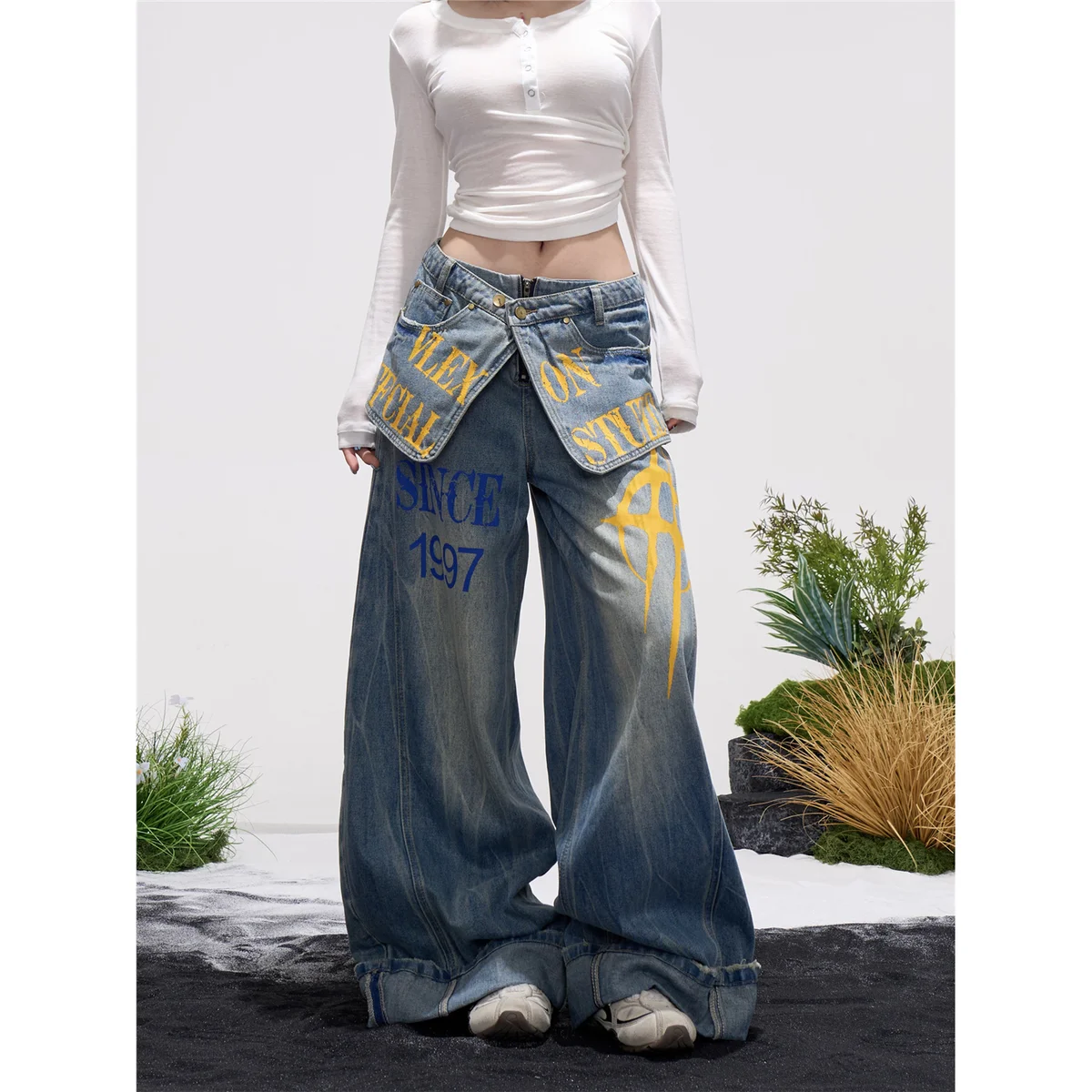 Women's Baggy Jean Designer American Retro Harajuku Grunge Graffiti Wide Fit Jeans Y2k Japanese Denim Pants Fake Two Pieces New