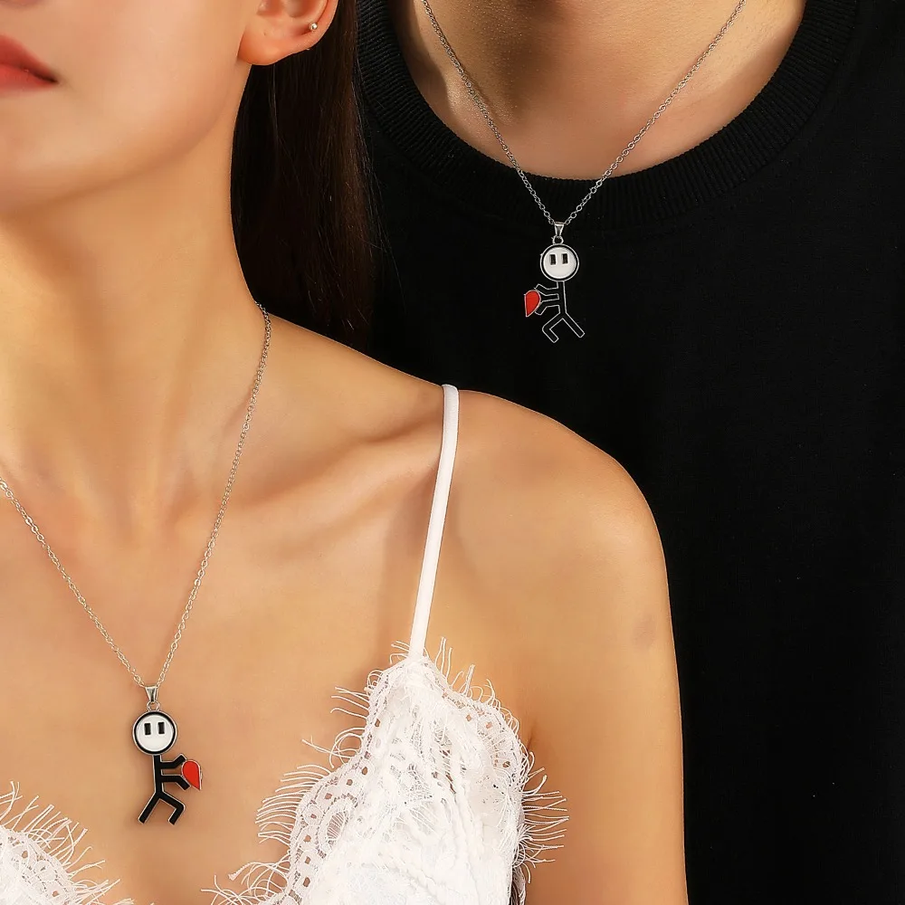 2pcs Set Creative Funny Stick Figure Red Heart Magnetic Couple Key Chains Necklace for Men Women Valentine's Day Gift Jewelry