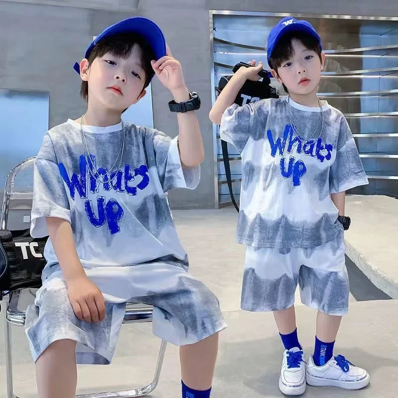 Children Boys Clothes Gradient Color Kids T-Shirt & Loose Shorts 2pcs Set Teenage Graffiti Tracksuit Hiphop Style Letter Outfit