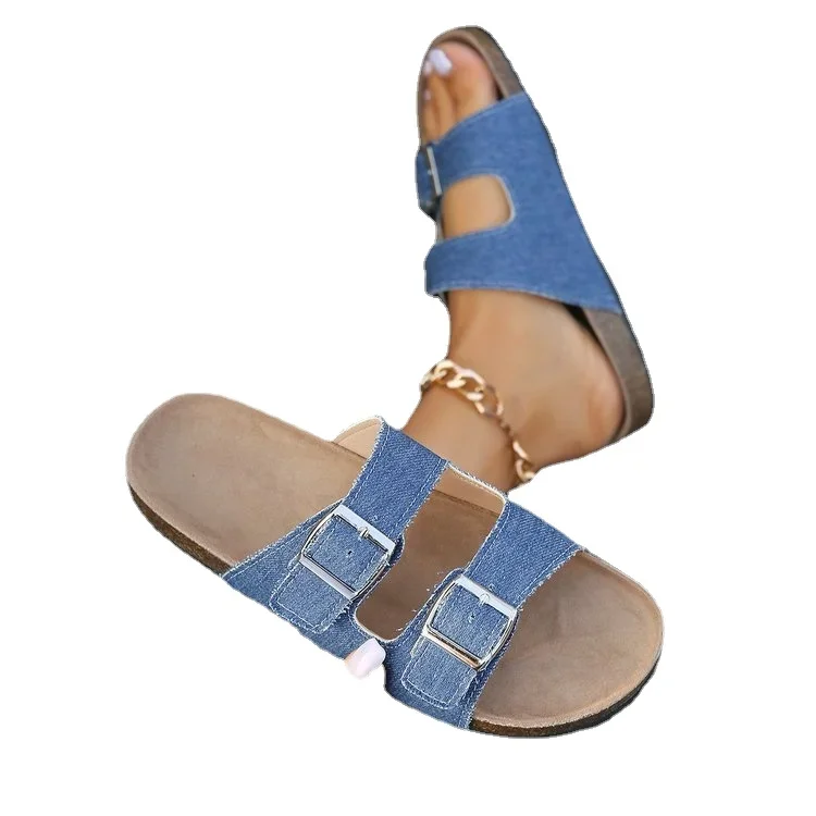 Sapato de praia feminino casual em cortiça, antiderrapante, lona jeans, slip-on, chinelos de moda, sola macia, fivela dupla, novo, verão 2023