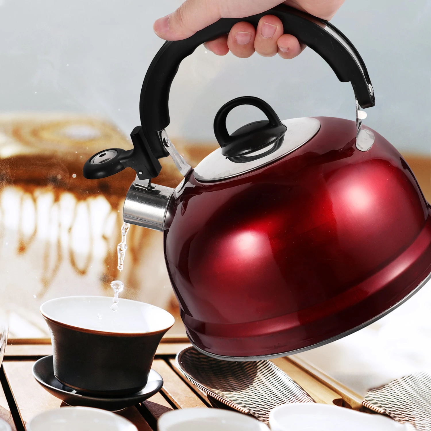 Beautifully designed Red Stainless Steel Hemispherical Whistling Water Kettle Tea Pot - Enhance your tea time with this stunning