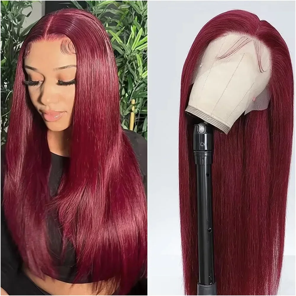 

Прямой парик из натуральных волос 30-36 дюймов, цвет 99J, бордовый, с кружевной передней частью 13x4, 13x6, HD прозрачный кружевной фронтальный парик, прямые парики