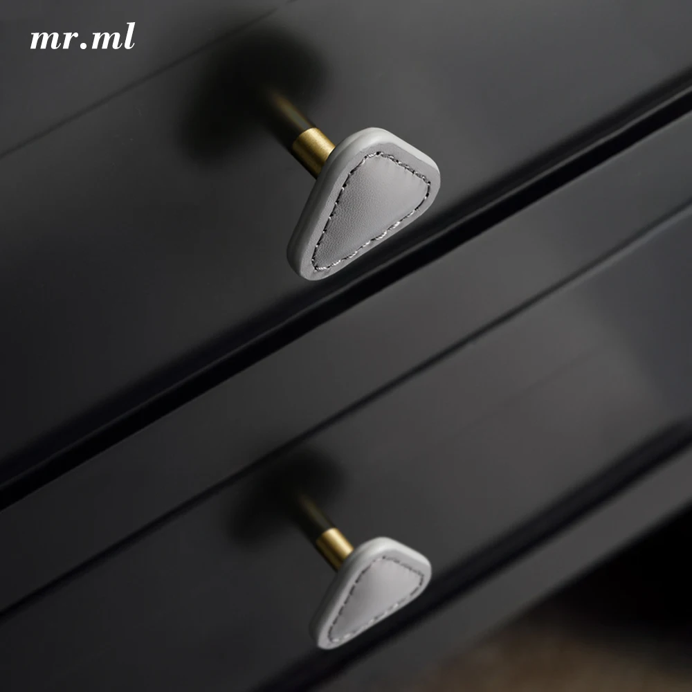 1pc Leather Cabinet Handle Cabinet Door Drawer Handle Brass Black Grey Khaki Triangle