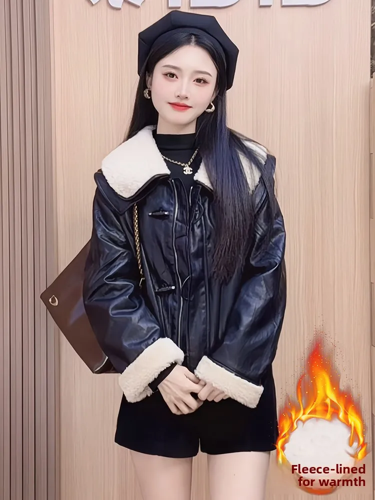 السيدات Fce اصطف ثي الشتاء الدافئ Jaet كسول Sle معطف جلد المرأة Faion بسيط فضفاض صالح طويل Sve سستة إغلاق