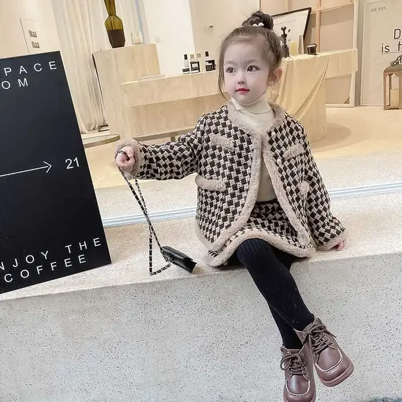 Baby Autumn Winter Coat Skirt Set Thickened Winter Skirt Children New Maillard Style Girls Checkered Two Piece Set