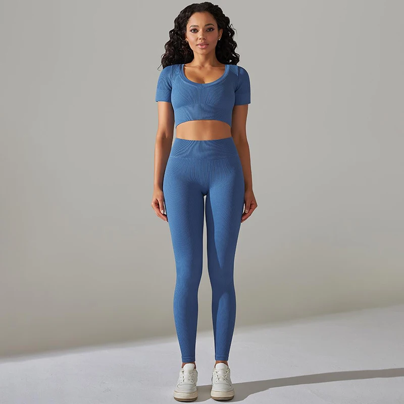 Sportswear Women Set Seamless Yoga Set Workout Clothes For Women Short Sleeve V Neck Crop Top High Waist Leggings Gym Suit