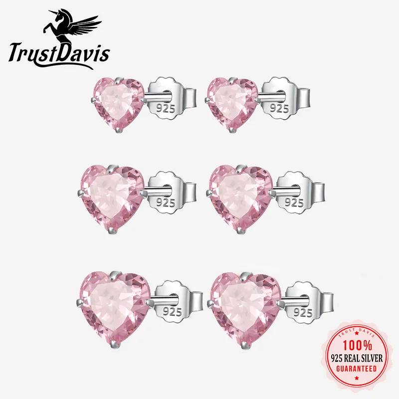 TrustDavis Real 925 Sterling Silver Earrings Cute Pink  Heart Charm Shiny CZ Stud Earrings for Women Kids Teen Jewelry DS3731