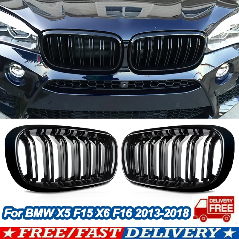 new Racing Grille Compatible，BMW F15 F16 X5 X6 F85 F86 2014-2018 Front Bumper Kidney Grills Glossy Black Auto Double Slat Grill