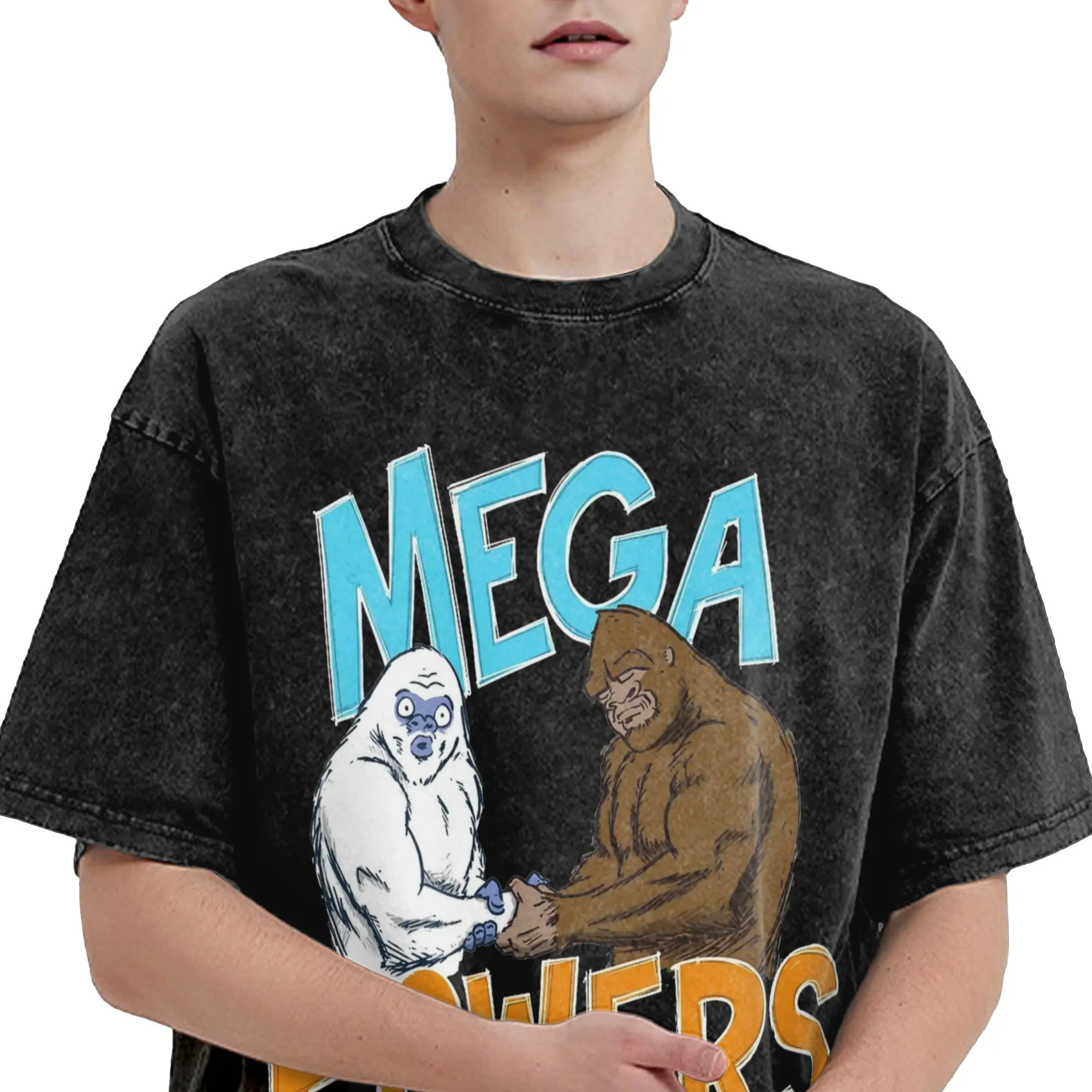 Bigfoot and Yeti Mega Powers T Shirts Washed Short Sleeve Oversize T-Shirt Sasquatch for Men Women Streetwear Summer Tee Shirt