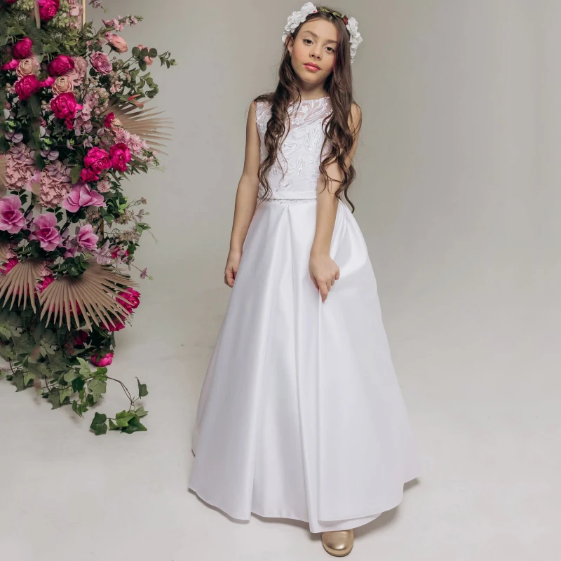 

White Flower Girl Dresses Satin Flory Appliques Sleeveless For Wedding Birthday Party Holy Communion Banquet Princess Gown