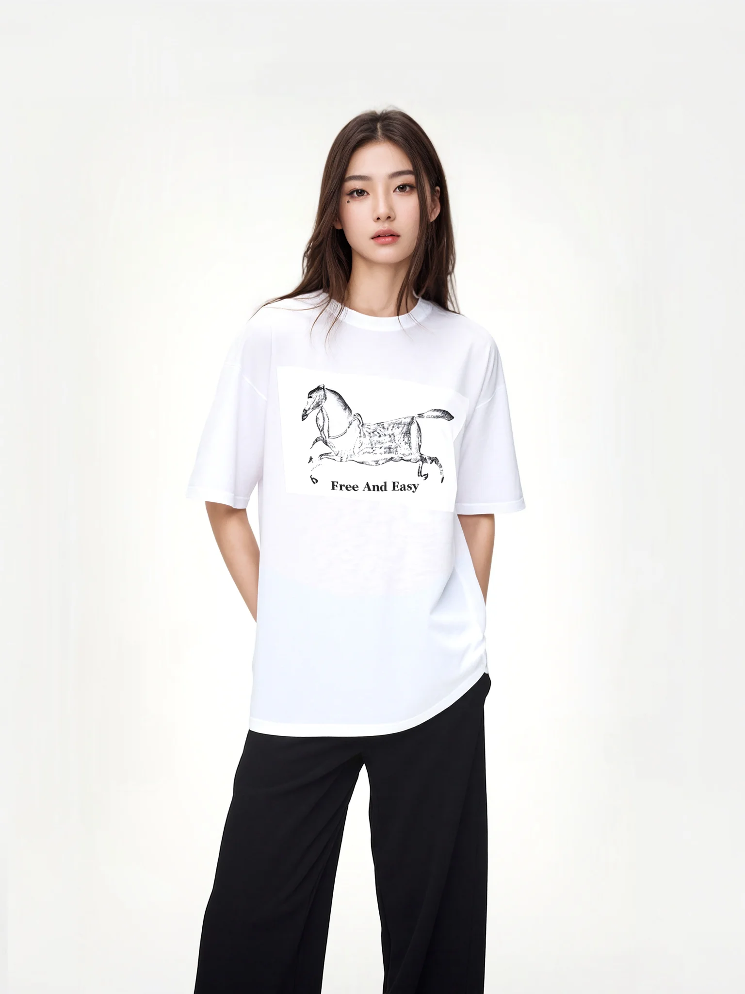 

Summer New Loose Mid-Length round Ne ort Sve T-irt Women's White Casual Sle Bright Tead Detail Cotton Blend Swea...