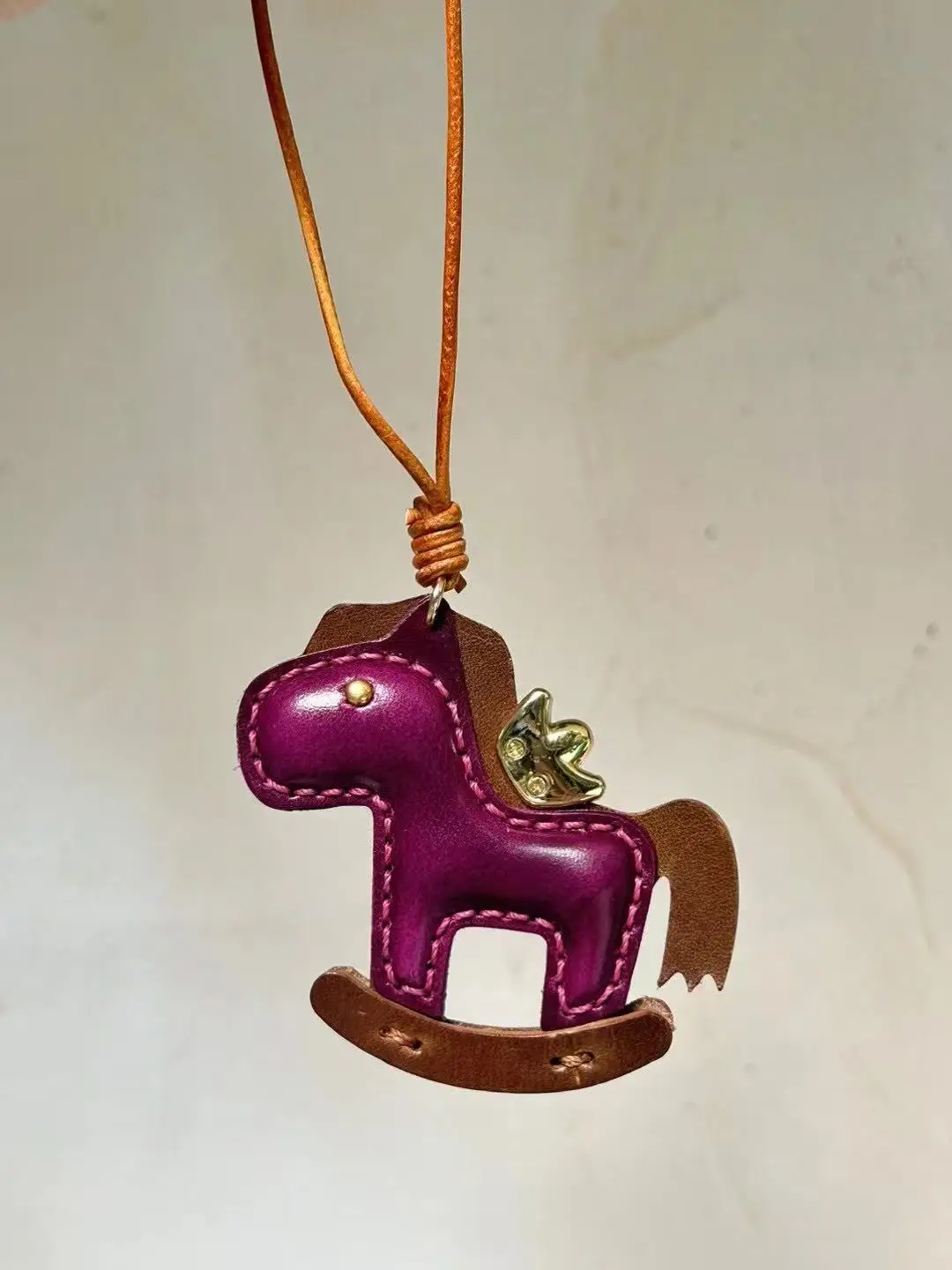 Colorful pony style genuine leather handmade bag charm keychain decorative pendant key ring